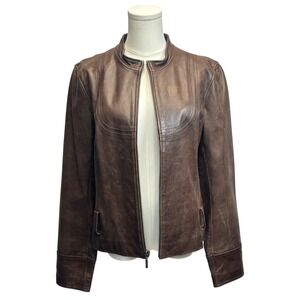 Vintage Leather Jacket Brown Full Zip Festival Moto Biker Chic Y2K Lightweight